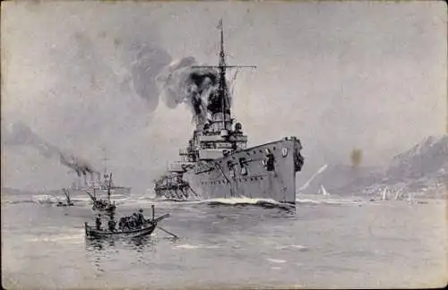 Künstler Ak Stöwer, Willy, Deutsches Kriegsschiff, SMS Goeben, SMS Breslau, Kaiserliche Marine