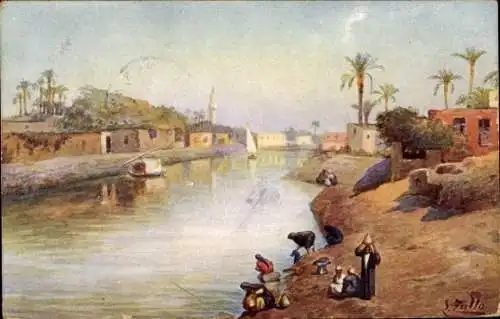 Künstler Ak Zullo, Fluss, Palmen, Maghreb, Wasserschöpfer