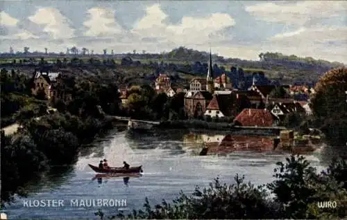 Künstler Ak Maulbronn im Enzkreis Baden Württemberg, Blick zum Kloster, Ruderboot, Kirche, WIRO 2734