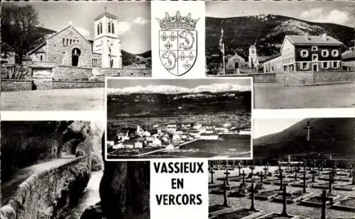 Ak Vassieux en Vercors Drome, Panorama, Kirche, Kreuzung