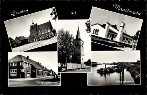 Ak Maasbracht Limburg Niederlande, Rathaus, Kirche, Schippersbeurs, Julianakanal