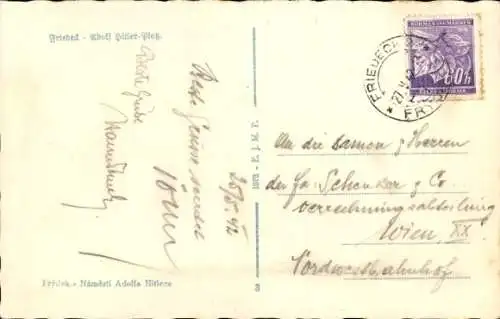 Ak Frýdek Místek Friedek Friedeck Region Mährisch Schlesien, Platz, Brunnen, Geschäfte