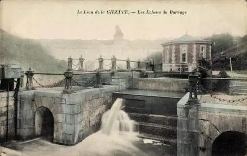 CPA Jalhay Wallonie Liège, Lion de la Gileppe, Ecluses du Barrage