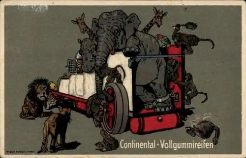 Ak Continental Vollgummireifen, Automobil, Elefant, Löwen, Giraffen, Affen