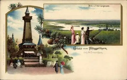 Litho Berlin Köpenick, Müggelturm, Blick auf den Langensee