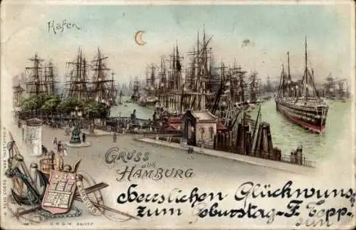 Halt gegen das Licht Litho Hamburg, Hafen, Segelschiffe, Stadtwappen, Anker