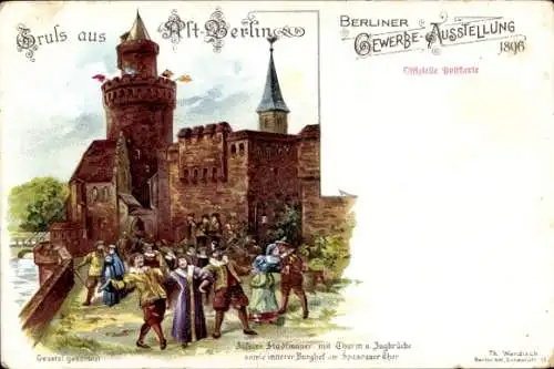 Litho Berlin Treptow, Gewerbeausstellung 1896, Stadtmauer, Turm, Zugbrücke, Spandauer Tor