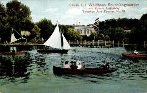 Ak Berlin Köpenick Schmöckwitz Rauchfangswerder, Waldhaus Rauchfangswerder, Boote