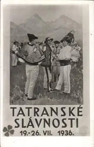 Ak Tatra Slowakei, Männer in Volkstrachten, Fest, 1936