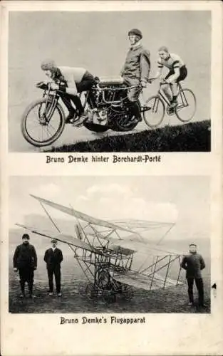 Ak Bruno Demke, Borchhardt-Porte, Flugapparat, Radrennfahrer