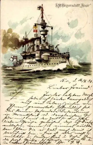 Künstler Litho Siehl, Deutsches Kriegsschiff, SMS Aegir, Panzerschiff