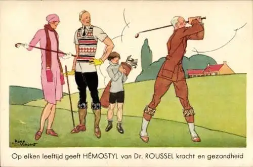 Künstler Ak Vincent, Rene, Reklame, Hemostyl du Docteur Roussel, Golfplatz