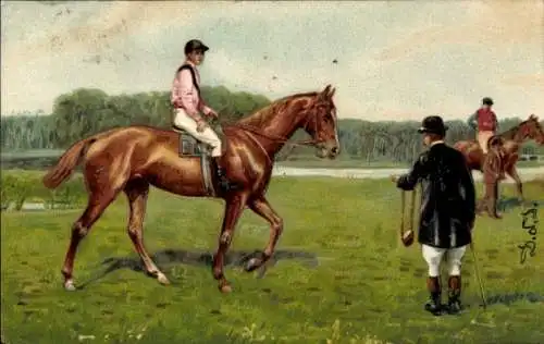 Litho Jockey zu Pferde, Braunes Pferd, Zaumzeug