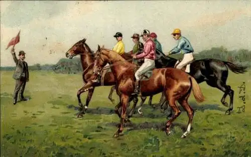 Präge Litho Jockeys auf ihren Pferden kurz vor dem Start eines Rennens