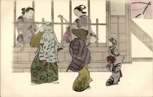 Künstler Ak Hokusai, Japan, Frauen in japanischer Tracht, Kimono