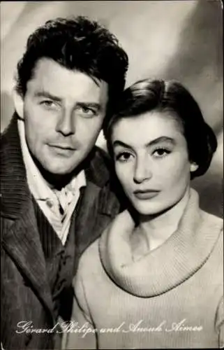 Ak Schauspieler Anouk Aimee und Gerard Philipe, Portrait, Film Montparnasse 19