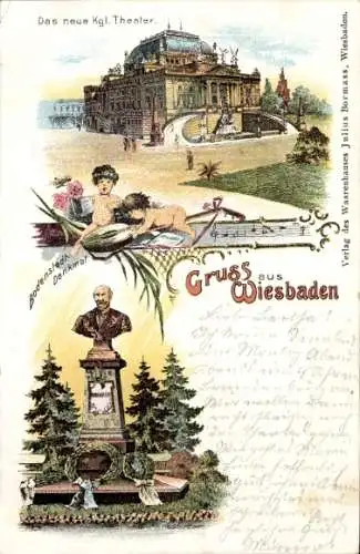 Litho Wiesbaden in Hessen, Das neue Kgl. Theater, Bodenstedt-Denkmal