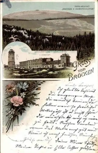 Litho Brocken Nationalpark Harz, Brockenhotel, Brockenturm, Brocken von den Hohnsteinklippen