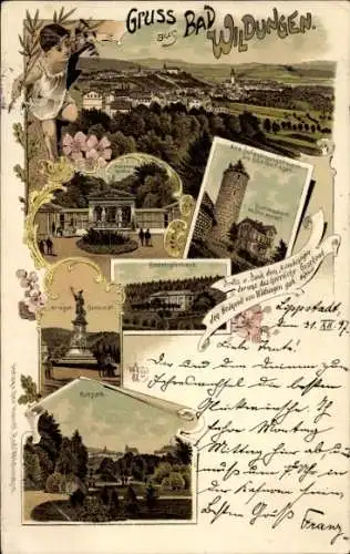 Litho Bad Wildungen in Hessen, Badelogierhaus, Kriegerdenkmal, Kurpark, Totalansicht