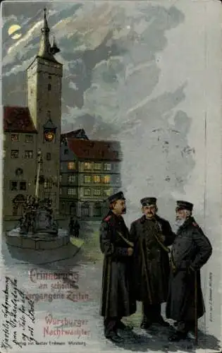 Mondschein Litho Würzburg am Main Unterfranken, Nachtwächter