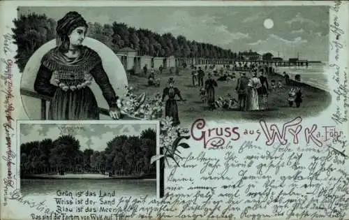 Mondschein Litho Wyk auf Föhr in Nordfriesland, am Strand, Königsgarten, Frau in Tracht