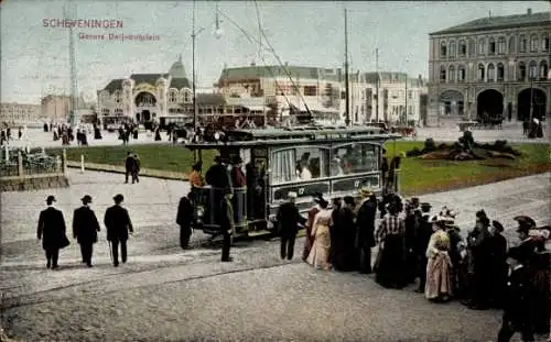 Ak Scheveningen Den Haag Südholland, Straßenbahn, Warteschlange