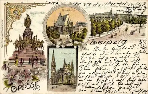 Litho Leipzig in Sachsen, Siegesdenkmal, Thomaskirche, Schillerstraße