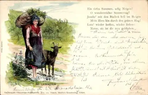 Künstler Litho Starcke, R., Bad Liebenstein im Thüringer Wald, Frau in Thüringer Tracht, Korb, Ziege