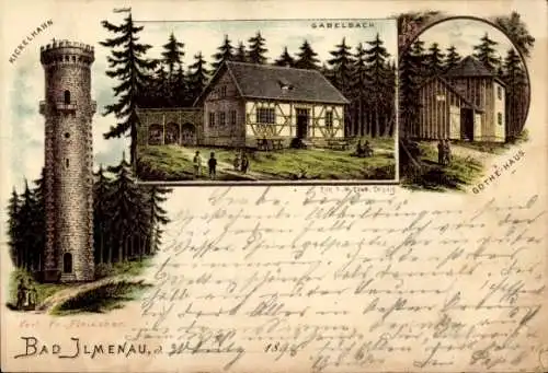 Litho Ilmenau in Thüringen, Kickelhahn Aussichtsturm, Gasthaus Gabelbach, Goethehaus