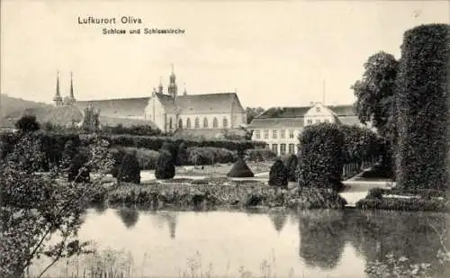 Ak Oliva Gdańsk Danzig, Schloss und Schlosskirche, Teichanlage