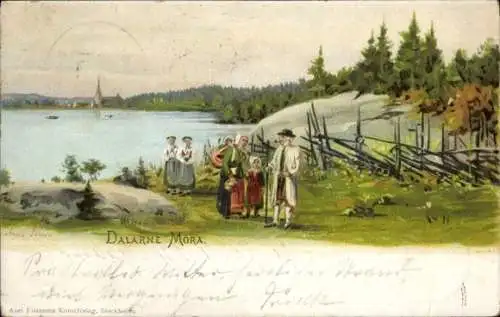 Künstler Litho Mora Dalarne Dalarna Schweden, Ortspartie, See, Volkstrachten