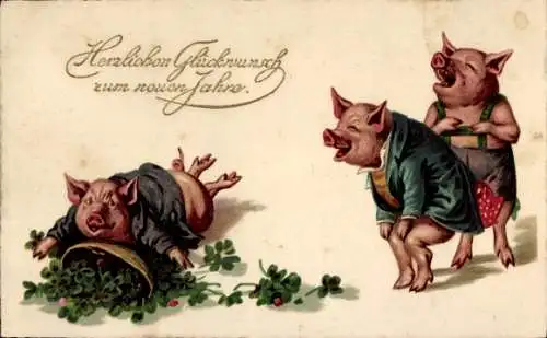 Litho Glückwunsch Neujahr, Kleeblatt, Schweine