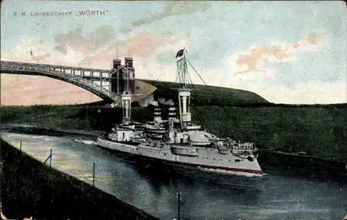 Ak Deutsches Kriegsschiff im Kaiser Wilhelm Kanal, Hochbrücke, Kaiserliche Marine