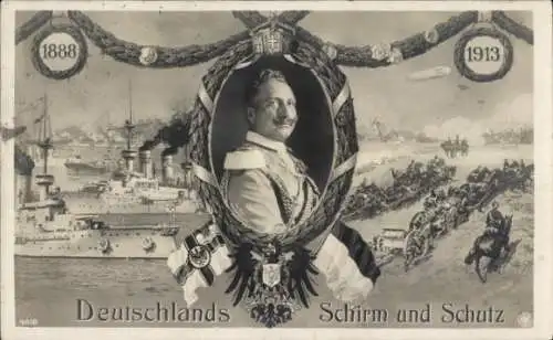 Passepartout Ak Kaiser Wilhelm II., Zeppelin, Deutsches Kriegsschiff, Deutschlands Schirm und Schutz