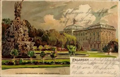 Künstler Litho Erlangen in Mittelfranken Bayern, Emigrantenbrunnen, Collegienhaus