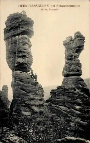 Ak Rosenthal Bielatal Sächsische Schweiz, Herkulessäulen, Felsen, Bergsteiger, Sächsische Schweiz