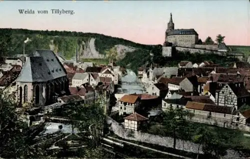 Ak Weida in Thüringen, Stadtansicht vom Tillyberg aus, Schloss.