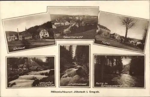 Ak Jöhstadt im Erzgebirge Sachsen, Gesamtansicht, Markt, Schlössel, Wasserfall, Loreleyfelsen