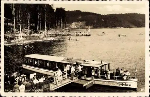 Ak Kriebstein in Sachsen, Talsperre, Boot Höfchen, Anleger