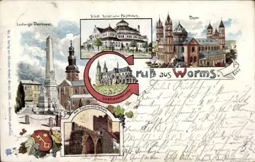 Litho Worms am Rhein, Spiel- und Festhaus, Dom, Ludwigs-Denkmal, Liebfrauenkirche