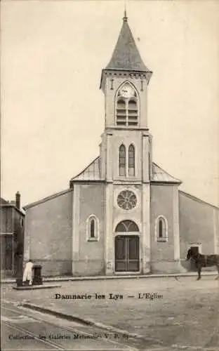 Ak Dammarie les Lys Seine et Marne, Kirche, Turmuhr, Pferd