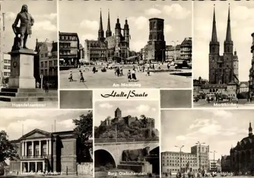 Ak Halle an der Saale, Marktkirche, Marktplatz, Burg Giebichenstein, Theater des Friedens, Denkmal