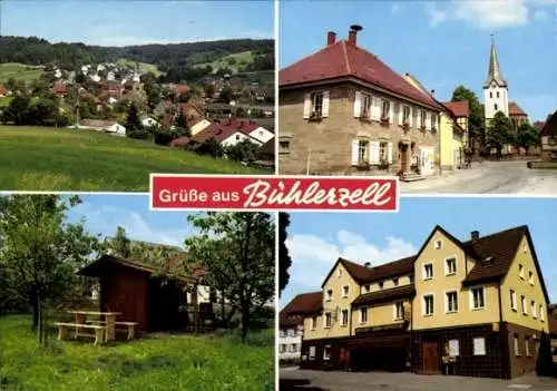 Ak Bühlerzell in Württemberg, Kirche, Panorama, Bäckerei Gasthaus Zur Rose