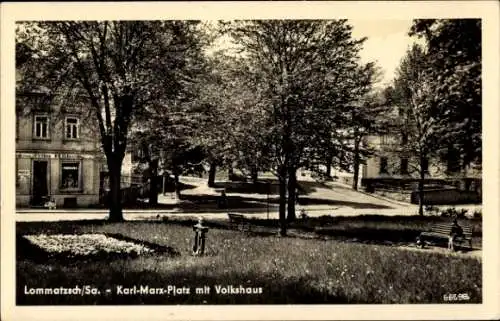 Ak Lommatzsch in Sachsen, Karl-Marx-Platz mit Volkshaus