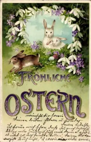 Litho Glückwunsch Ostern, Osterhasen, Schneeglocken, Ostereier