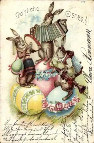 Litho Glückwunsch Ostern, Osterhasen, Ostereier, Tamburin, Akkordeon, Dudelsack