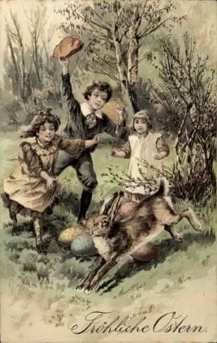 Präge Ak Glückwunsch Ostern, Osterhase, Ostereier, Kinder