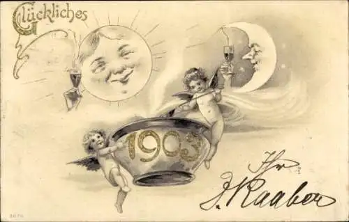 Litho Glückwunsch Neujahr 1902, Engel, Mond und Sonne trinken Sekt