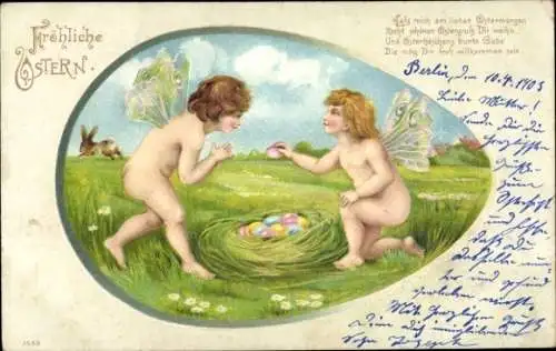 Präge Ak Glückwunsch Ostern, Engel, Ostereiernest