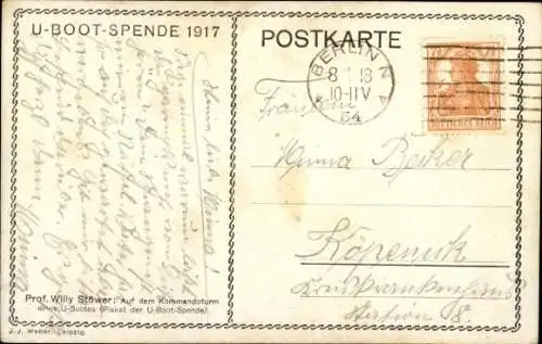 Künstler Ak Stöwer, Willy, Deutsches U Boot, Unterseeboot, Kaiserliche Marine, U-Boot-Spende 1917